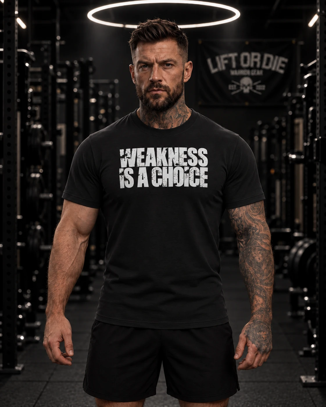 Atleta musculoso con la camiseta negra de gimnasio "Weakness Is A Choice", vista frontal, marca Warrior Gear.