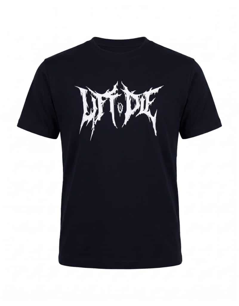 Schwarzes Bodybuilding-T-Shirt mit zentralem Lift or Die Logo, Death Metal Stil, Vorderansicht – Warrior Gear