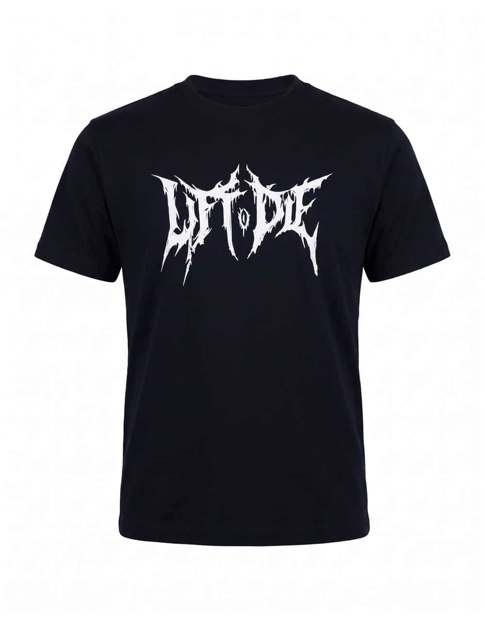Black bodybuilding t-shirt with central Lift or Die logo, Death Metal style, front view - Warrior Gear