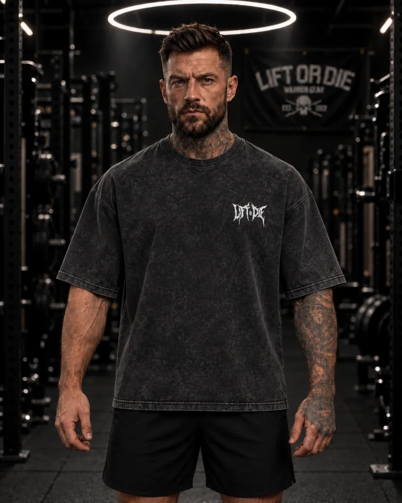 Atleta que lleva puesta una camiseta de gimnasio negra, descolorida y de talla grande, vista desde el frente, con un discreto logotipo de estilo death metal de Lift or Die sobre el corazón.