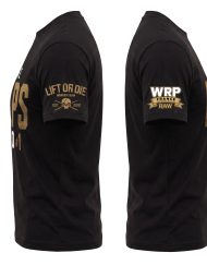 Vues de profil du t-shirt The Alps Pro montrant les logos Lift or Die Warrior Gear et WRP France RAW sur les manches.