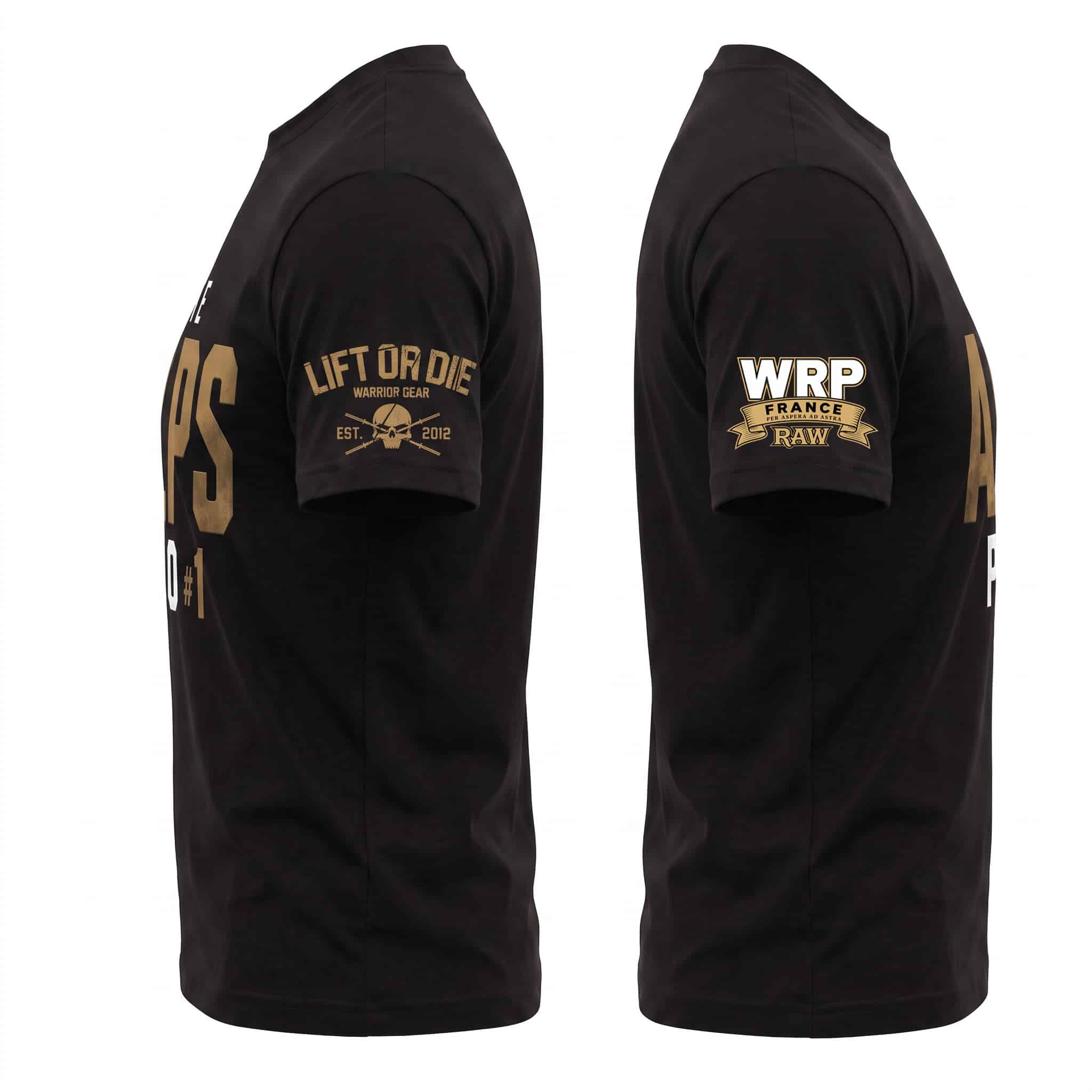 Vues de profil du t-shirt The Alps Pro montrant les logos Lift or Die Warrior Gear et WRP France RAW sur les manches.