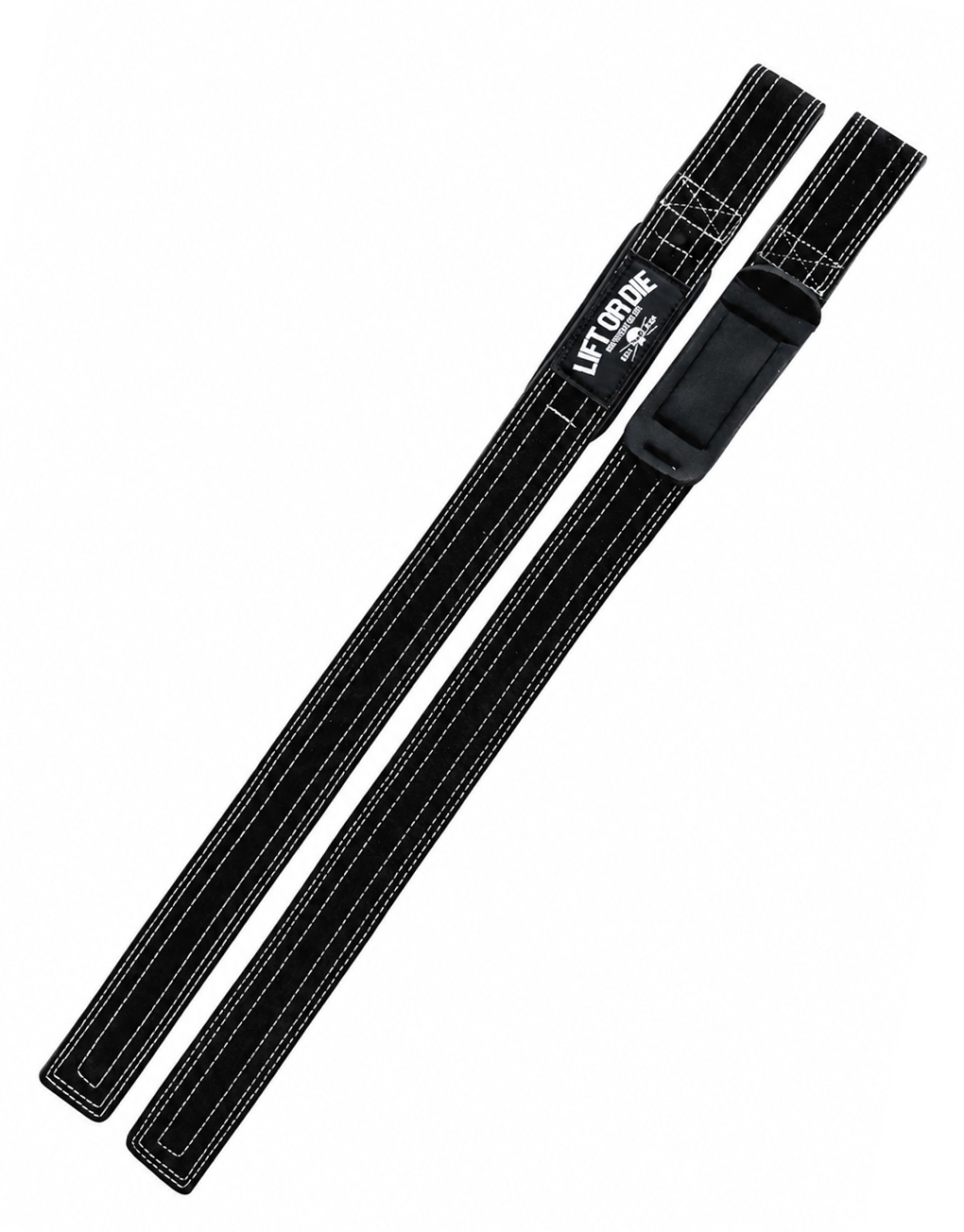 Sangles de tirage en cuir véritable dépliées sur toute leur longueur de 67 cm, montrant les finitions et la face avec pad néoprène.
