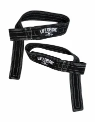 Paire de sangles de tirage en cuir premium double épaisseur Warrior Gear formées en boucle avec coutures blanches et écussons Lift or Die.