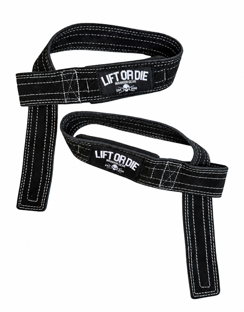 Paire de sangles de tirage en cuir premium double épaisseur Warrior Gear formées en boucle avec coutures blanches et écussons Lift or Die.