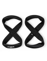 Coppia di cinghie per sollevamento pesi indistruttibili in nylon nero a forma di otto con patch Lift or Die e imbottiture interne in neoprene.