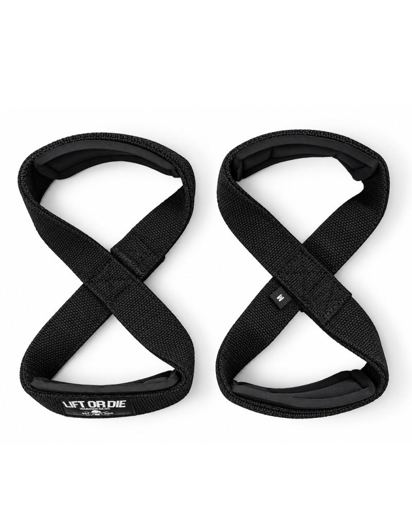 Coppia di cinghie per sollevamento pesi indistruttibili in nylon nero a forma di otto con patch Lift or Die e imbottiture interne in neoprene.