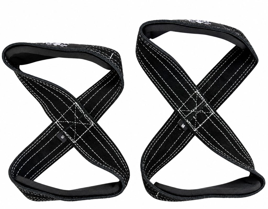 Vue de dos d'une paire de sangles en 8 en cuir pour le powerlifting, montrant la structure croisée et les coussinets intérieurs.