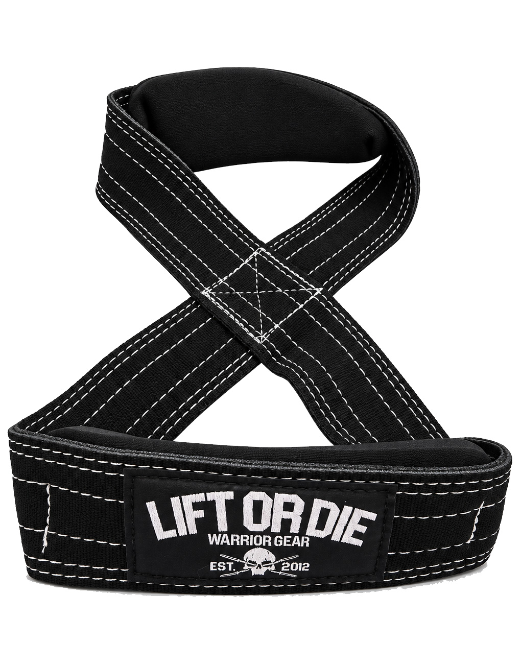 Sangle en 8 de musculation en cuir noir double épaisseur avec écusson officiel blanc Lift or Die Warrior Gear de face.