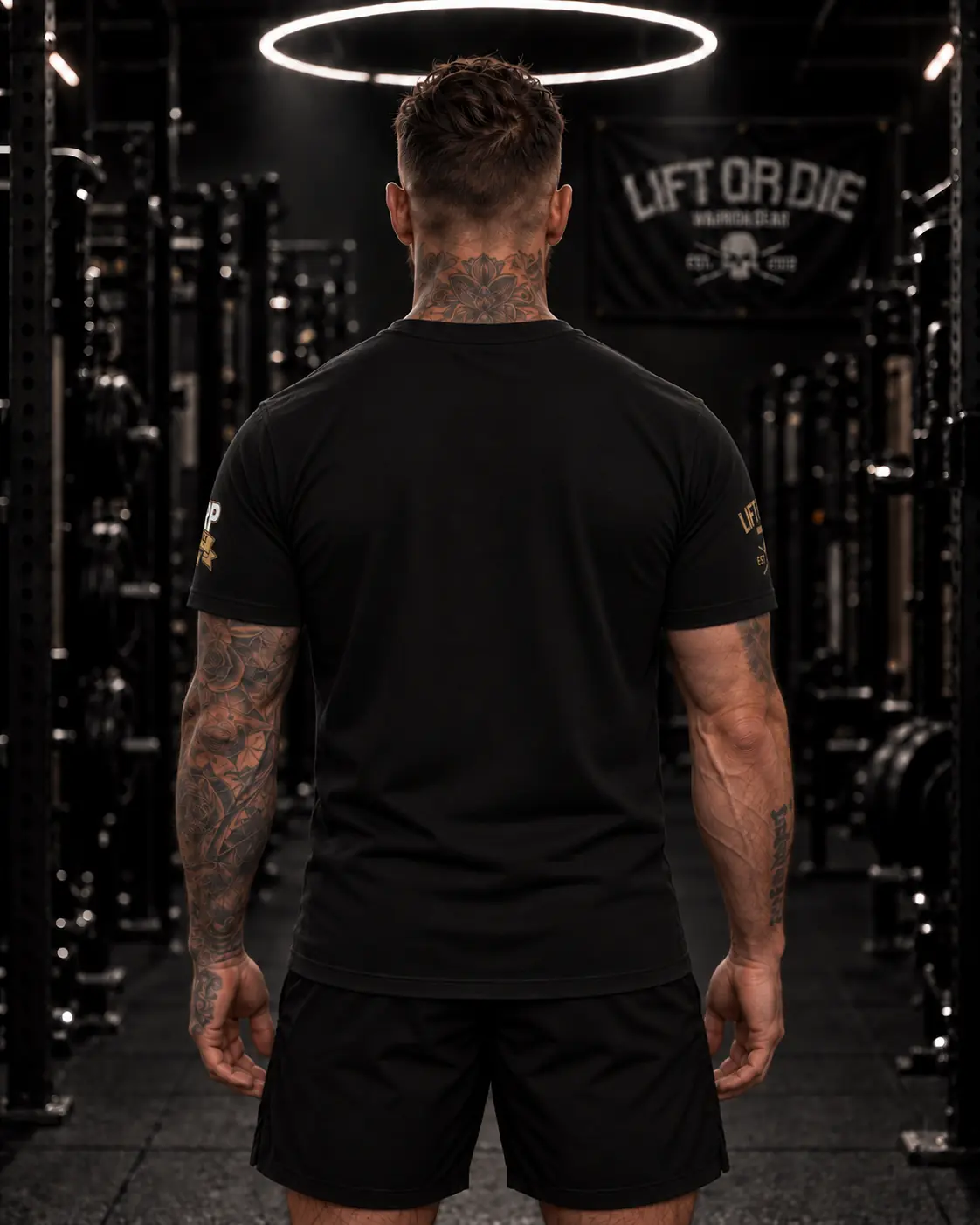 Vista desde la parte posterior de la camiseta powerlifting que muestra los logotipos de WRPF y Lift or Die en las mangas, diseƱada especĆficamente para el evento The Alps Pro.