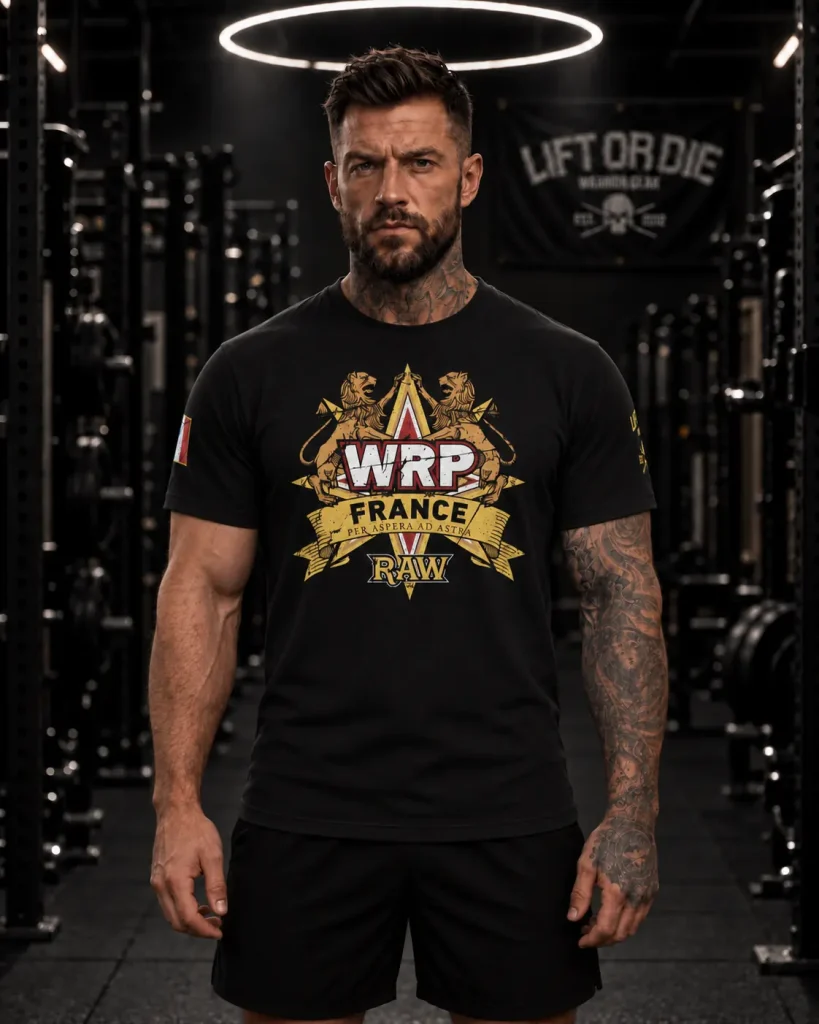 powerlifting athlete wearing the black WRPF France t-shirt facing forward, with the large RAW crest featuring the federation's lions.