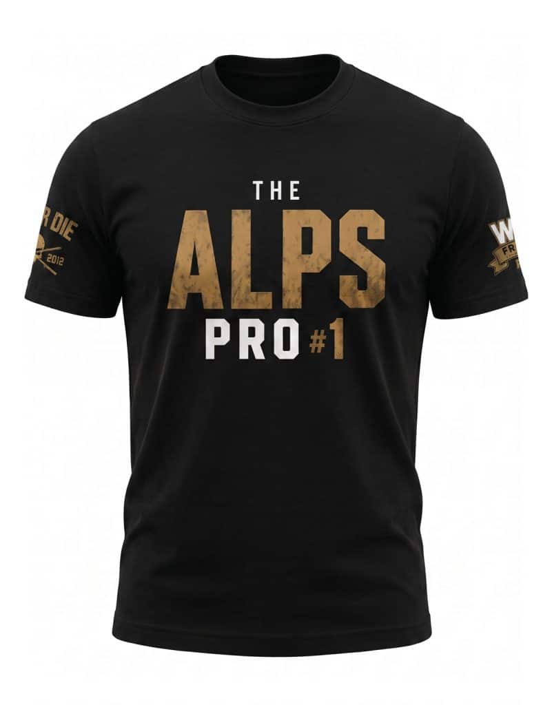 Front view of the black and gold The Alps Pro #1 official t-shirt of the WRPF France Powerlifting competition.