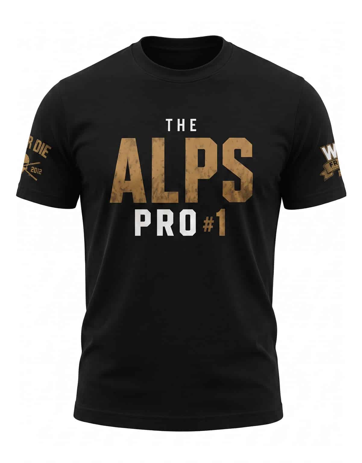 Face avant du t-shirt noir et or The Alps Pro #1 officiel de la compétition de Powerlifting WRPF France.