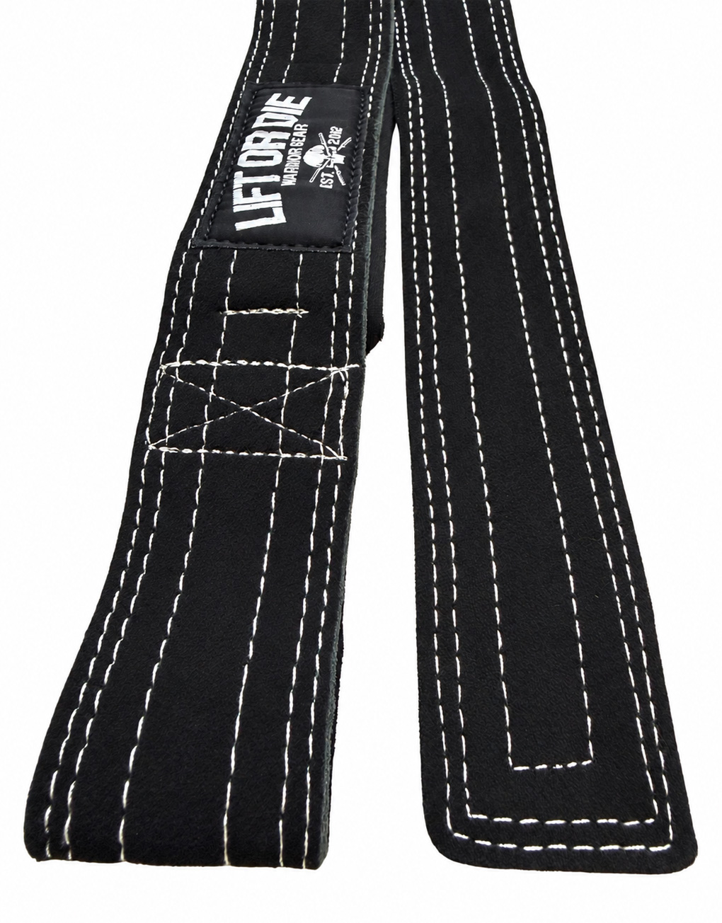 Zoom sur l'écusson LIFT OR DIE Warrior Gear et les multiples lignes de coutures haute résistance garanties à vie sur cuir noir.