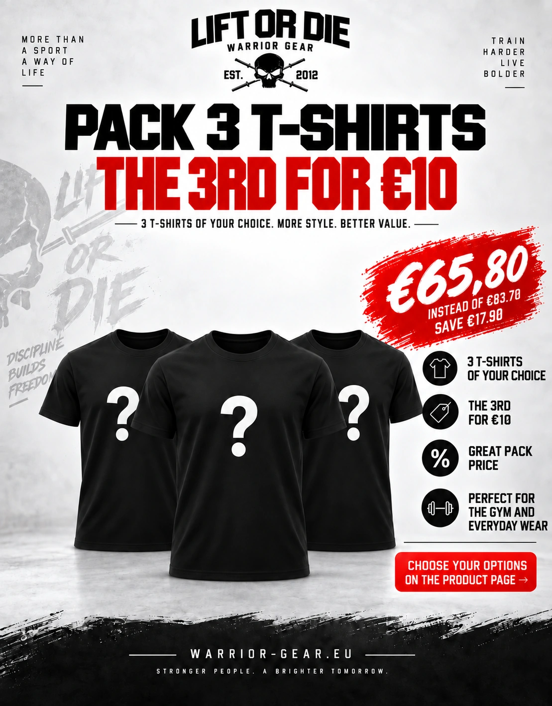 pack 3 warrior gear t-shirts - bodybuilding - strongman - powerlifting