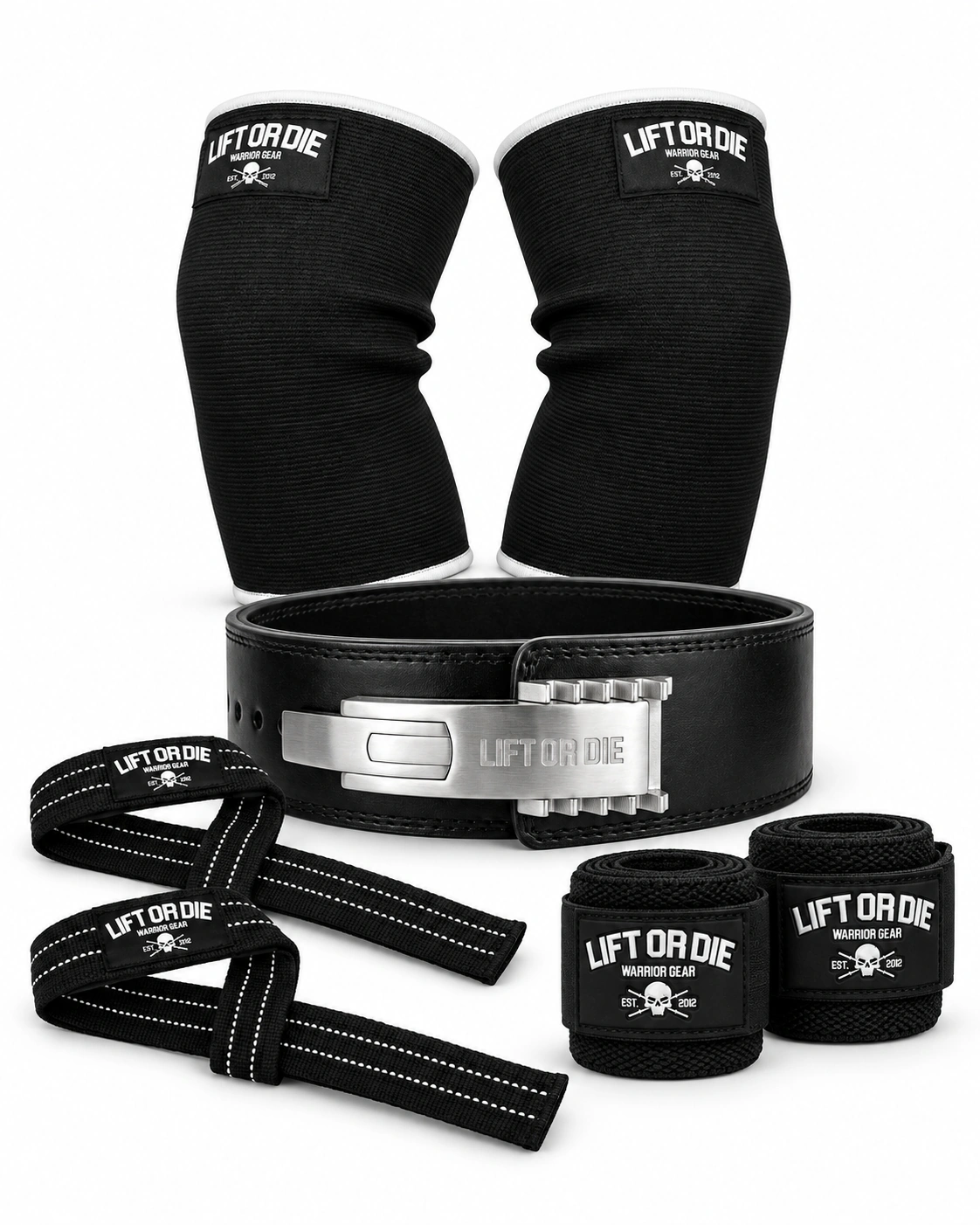 Pack Force Warrior Gear avec ceinture de force, genouillères, bandes de poignets et straps