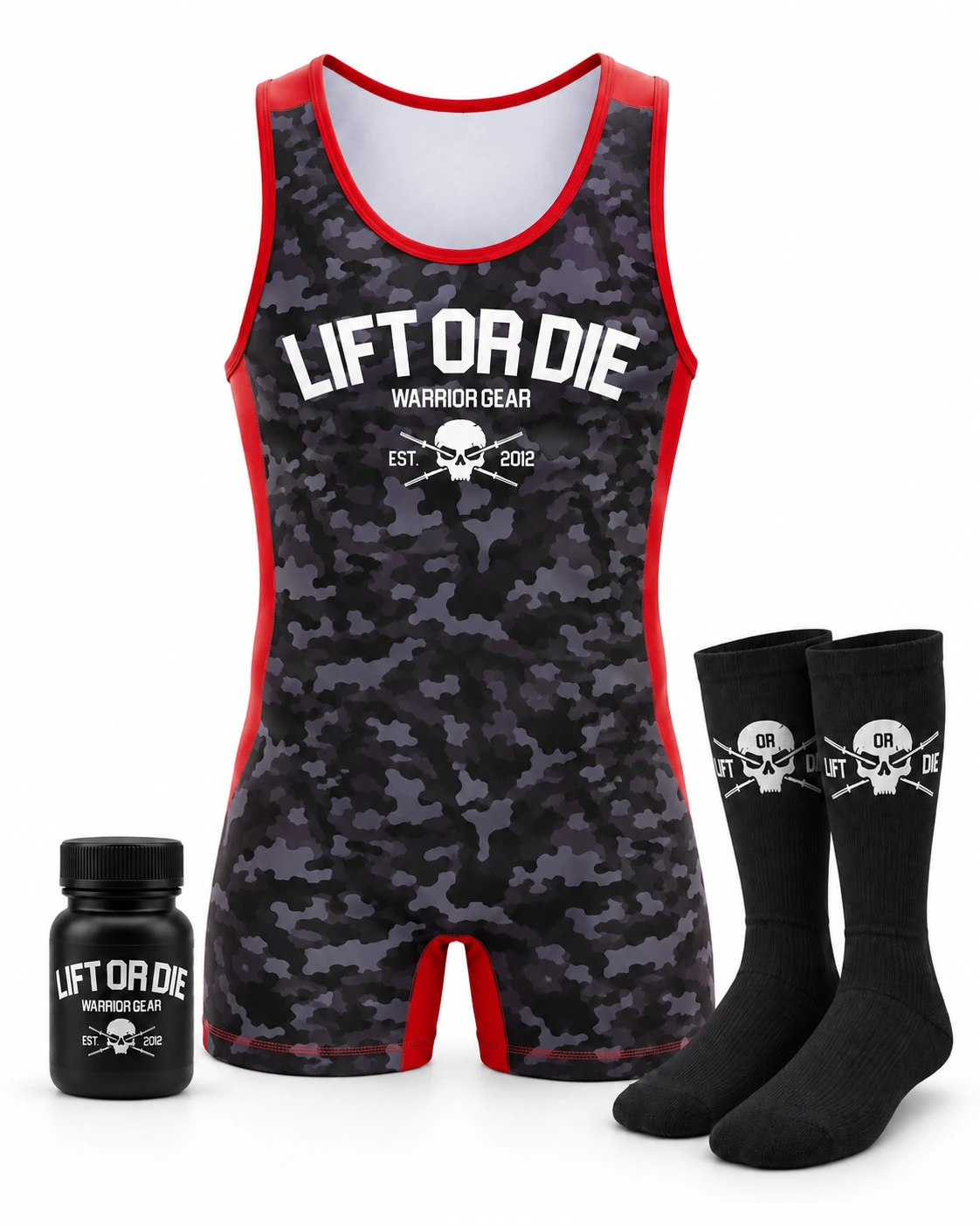 Pack Meet Day Powerlifting Warrior Gear avec singlet camo, chaussettes Deadlift et ammoniac
