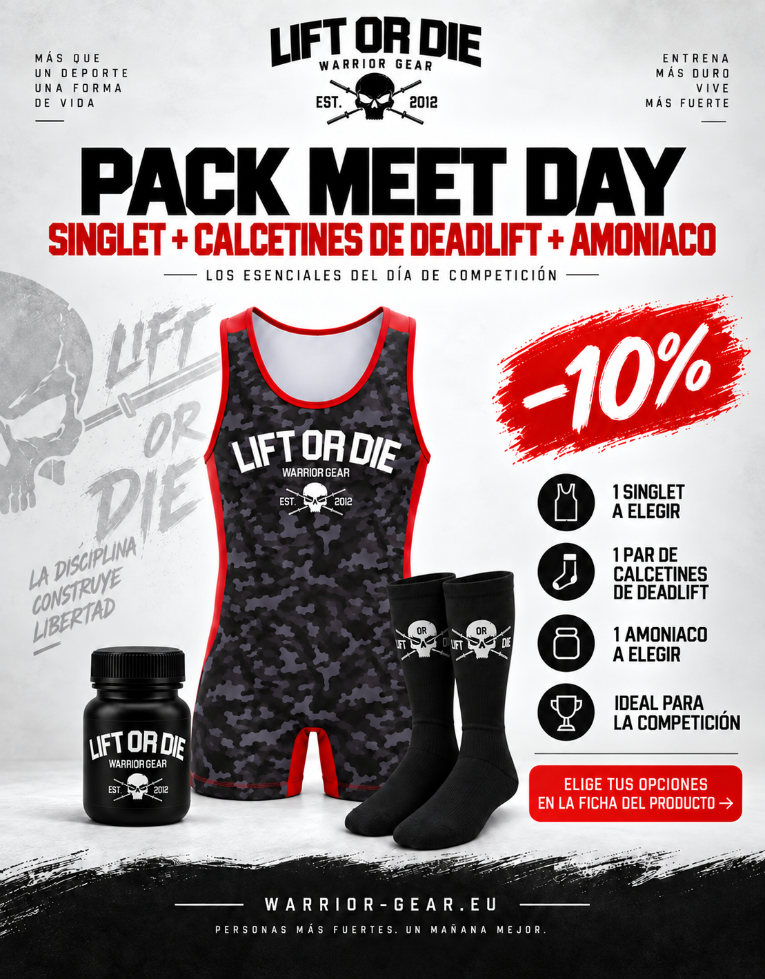 WARRIOR GEAR PARA EL DÍA DE LA COMPETICIÓN: mochila sin mangas, deadlift calcetín de amoníaco
