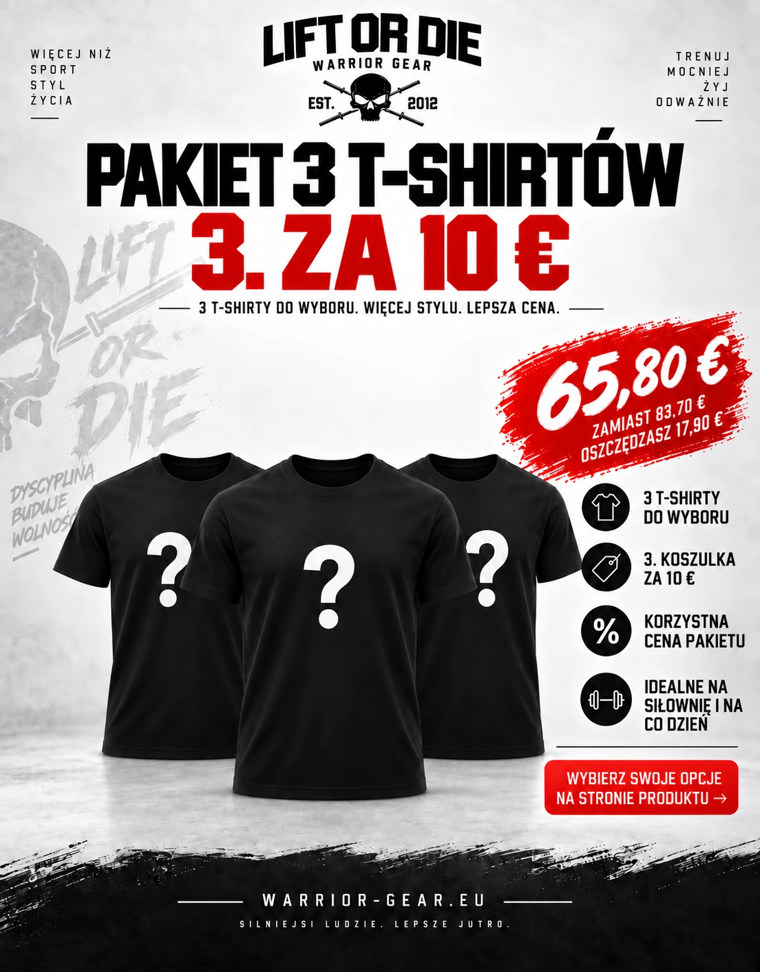 Zestaw 3 koszulek warrior gear – bodybuilding – strongman – powerlifting